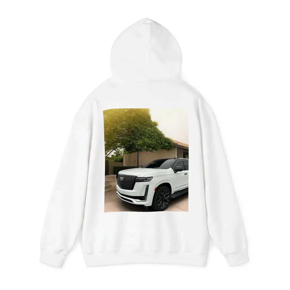 White Cadillac Escalade Parked Suburban Driveway – Hoodies