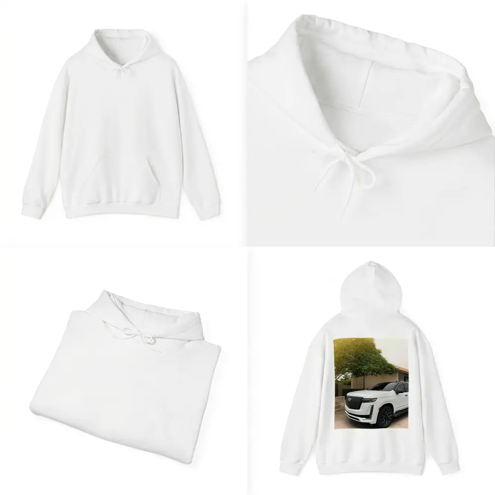 White Cadillac Escalade Parked Suburban Driveway – Hoodies