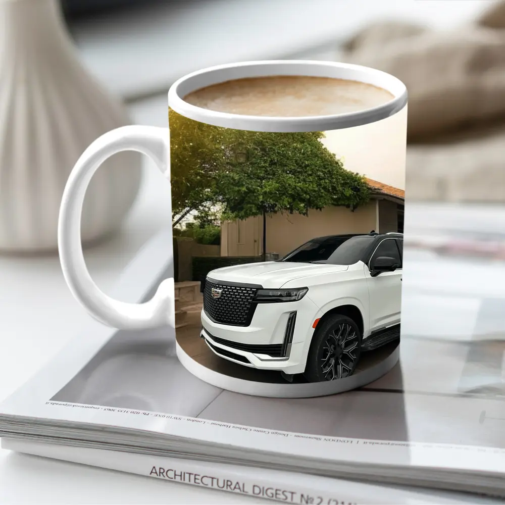 White Cadillac Escalade Parked Suburban Driveway – Mugs
