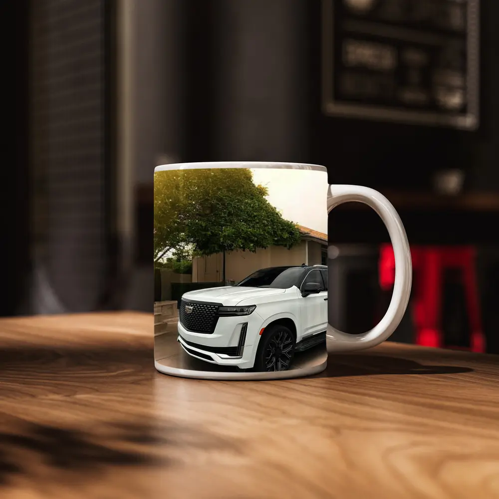 White Cadillac Escalade Parked Suburban Driveway – Mugs
