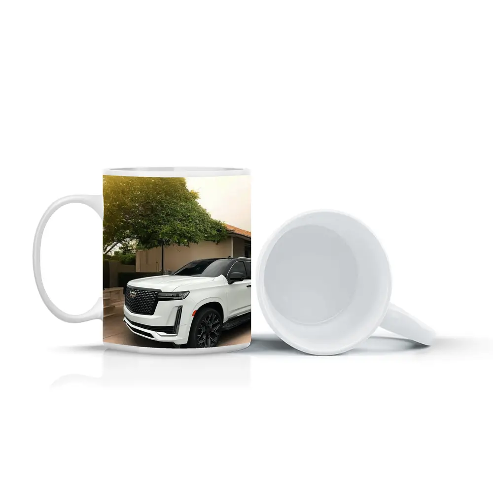 White Cadillac Escalade Parked Suburban Driveway – Mugs