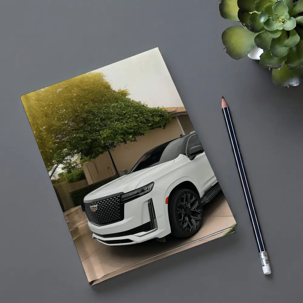 White Cadillac Escalade Parked Suburban Driveway – Notebooks