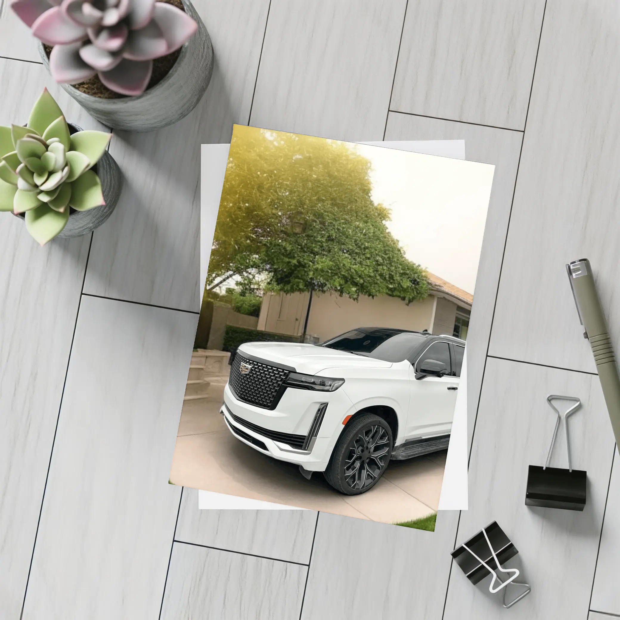 White Cadillac Escalade Parked Suburban Driveway – Postcards