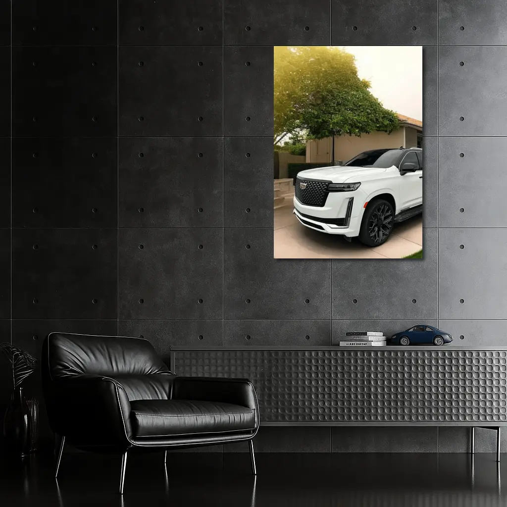 White Cadillac Escalade Parked Suburban Driveway – Wall Art