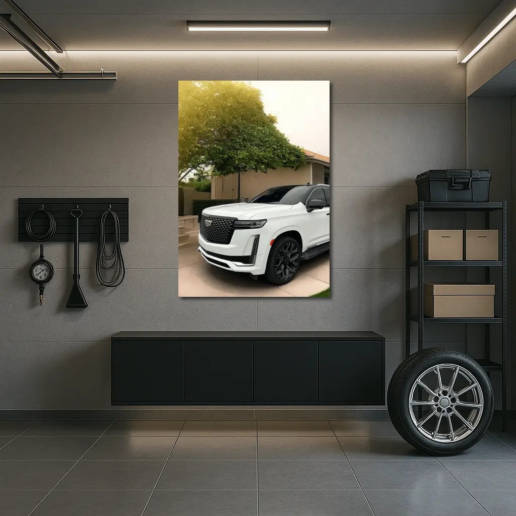 White Cadillac Escalade Parked Suburban Driveway – Wall Art