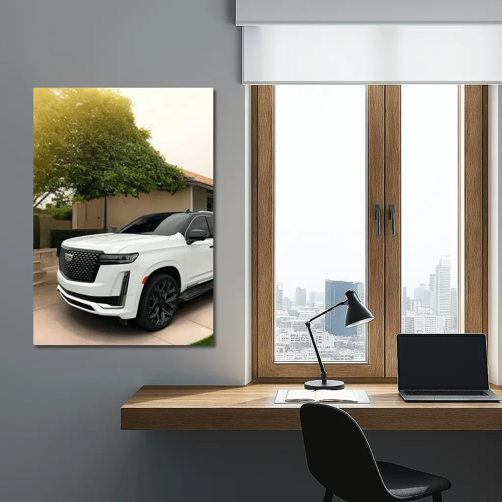 White Cadillac Escalade Parked Suburban Driveway – Wall Art