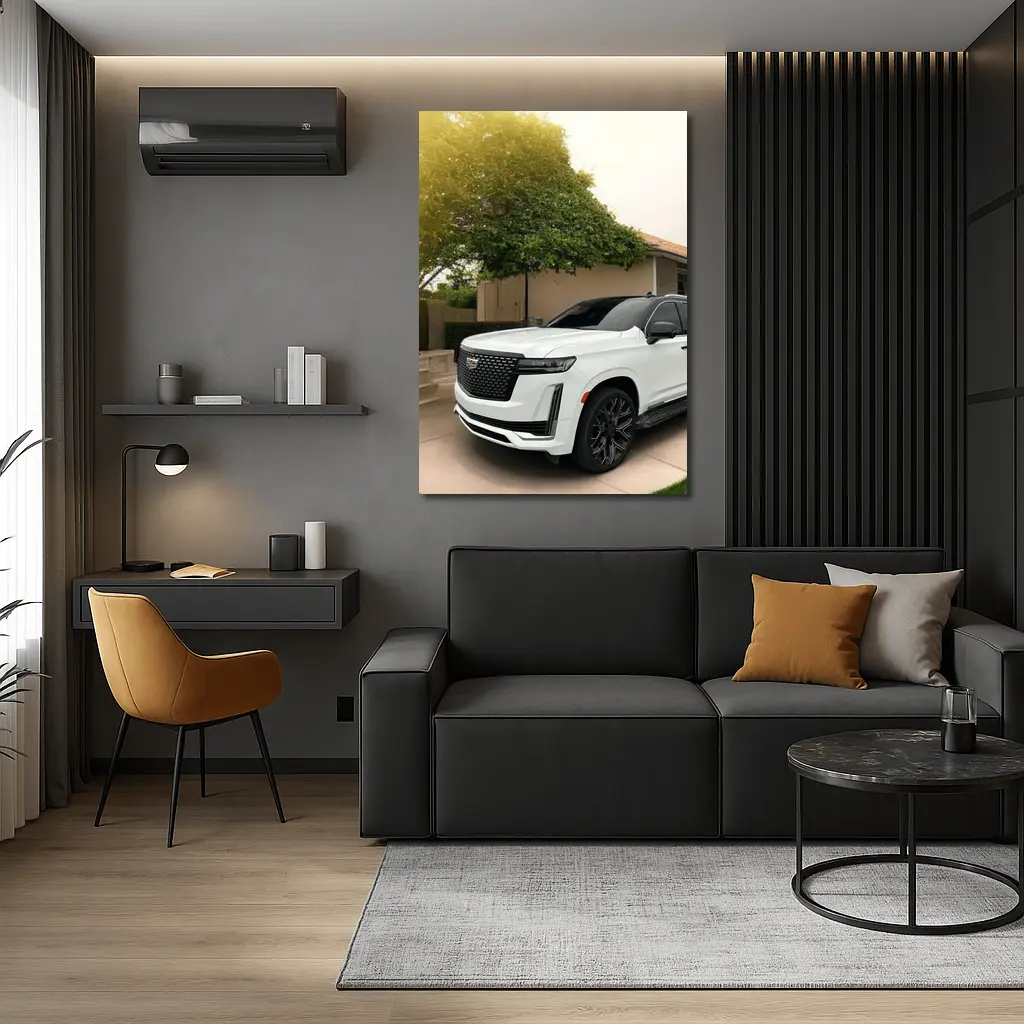 White Cadillac Escalade Parked Suburban Driveway – Wall Art