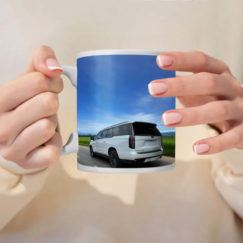 Cadillac Escalade White SUV Open Road – Mugs