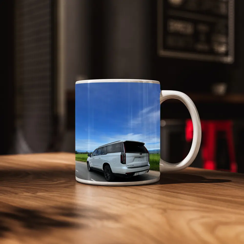 Cadillac Escalade White SUV Open Road – Mugs