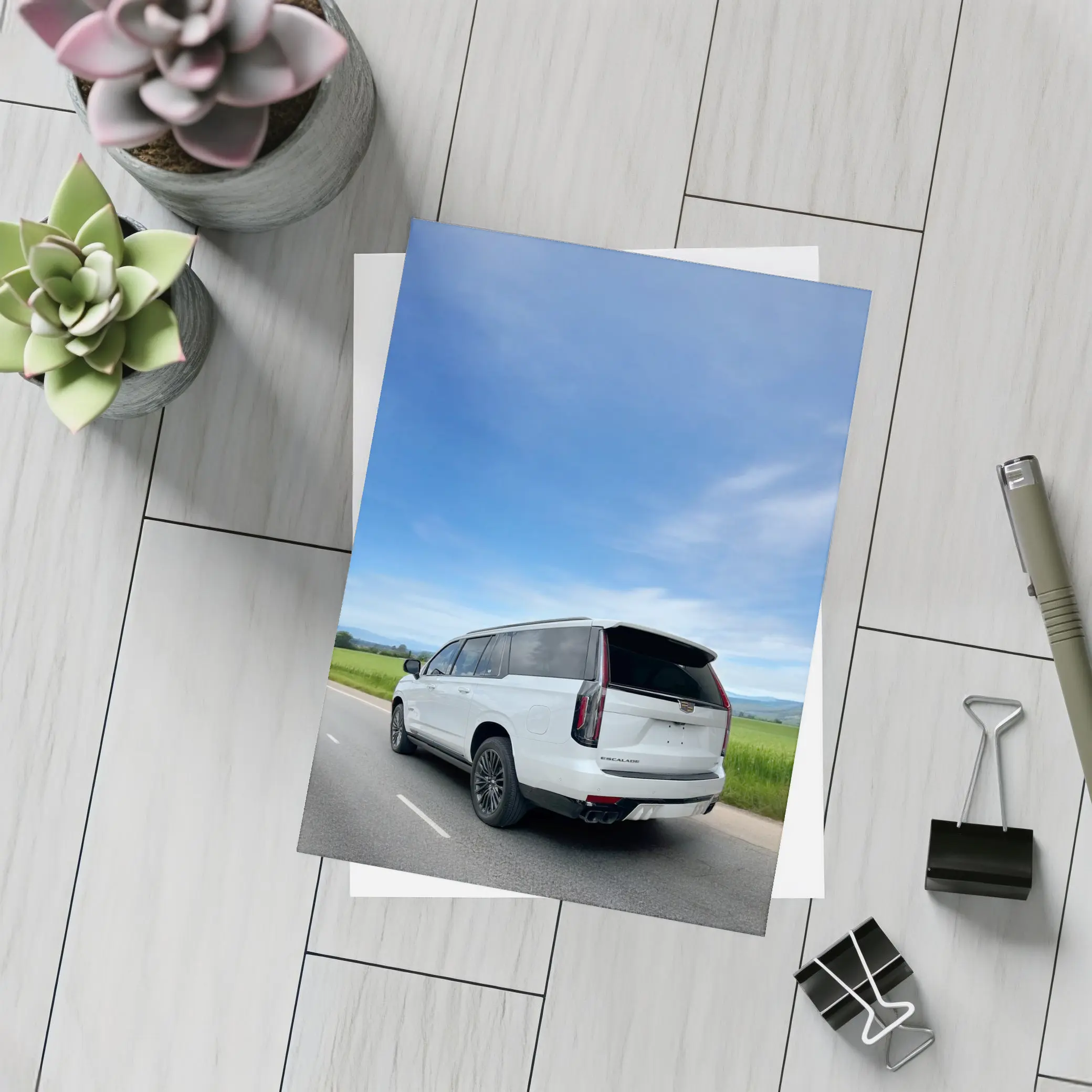 Cadillac Escalade White SUV Open Road – Postcards