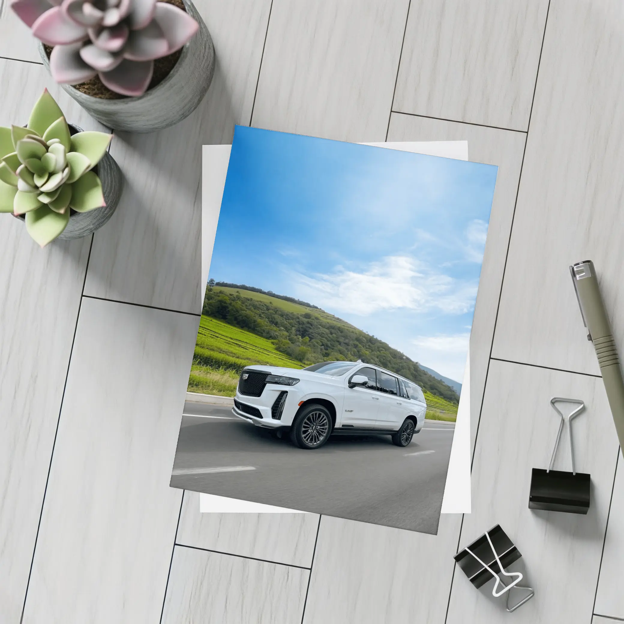 Cadillac Escalade White SUV Green Hills – Postcards
