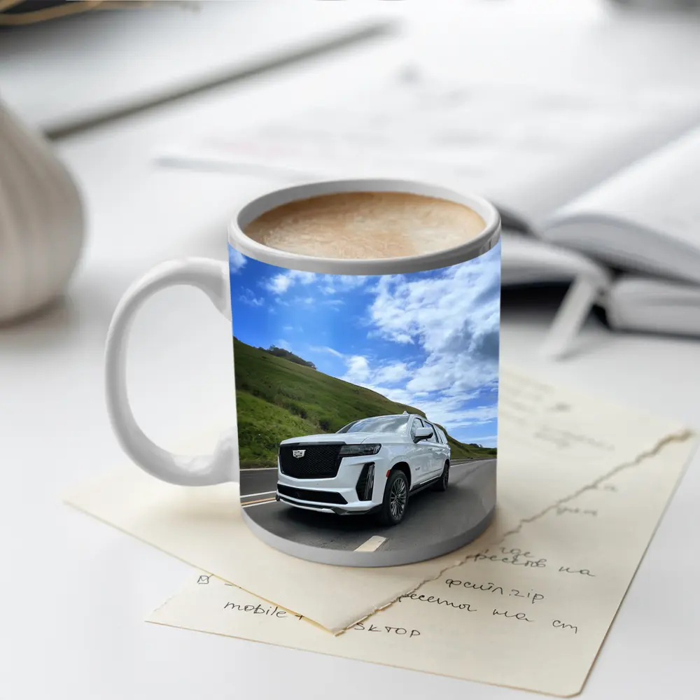Cadillac Escalade White SUV Open Road – Mugs