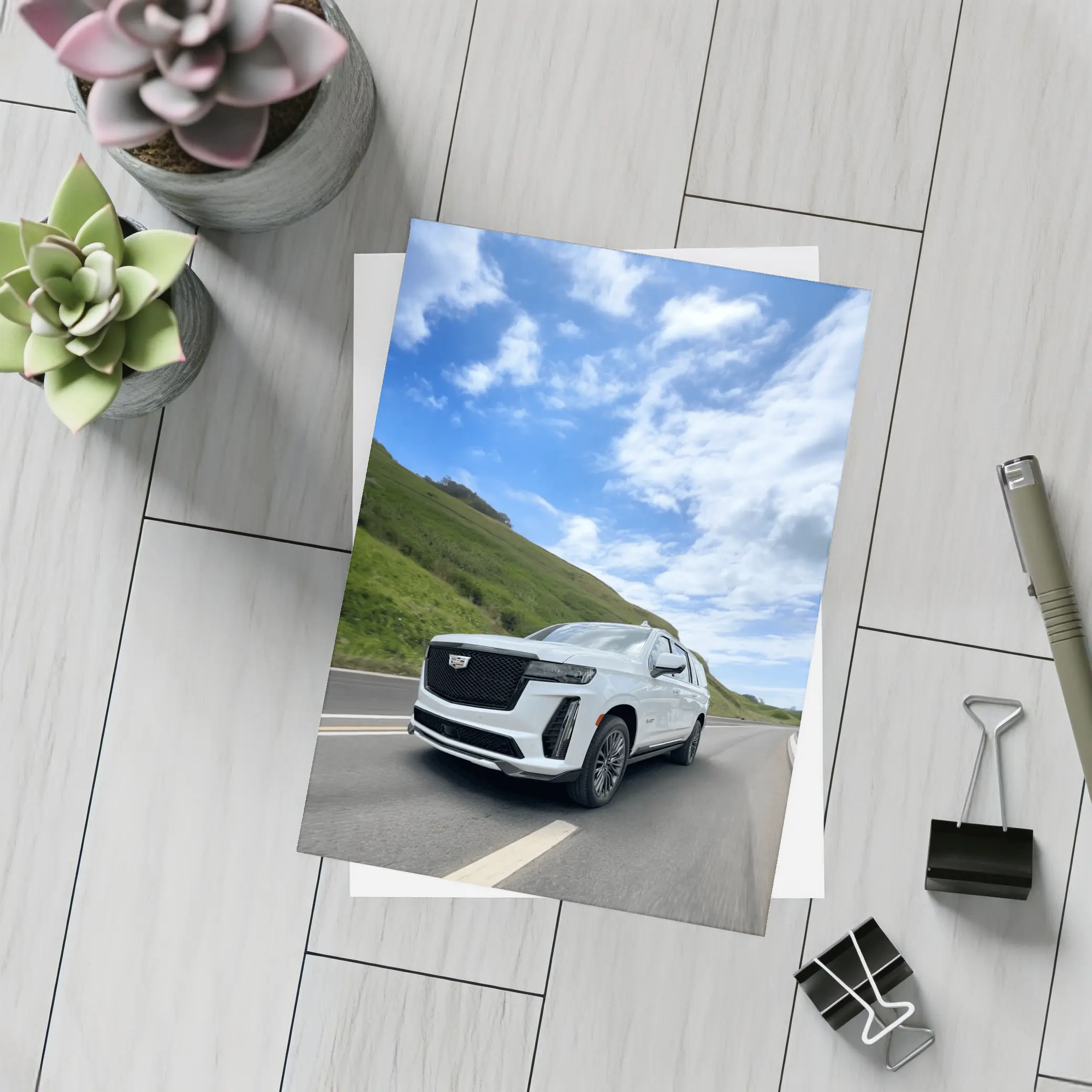 Cadillac Escalade White SUV Open Road – Postcards