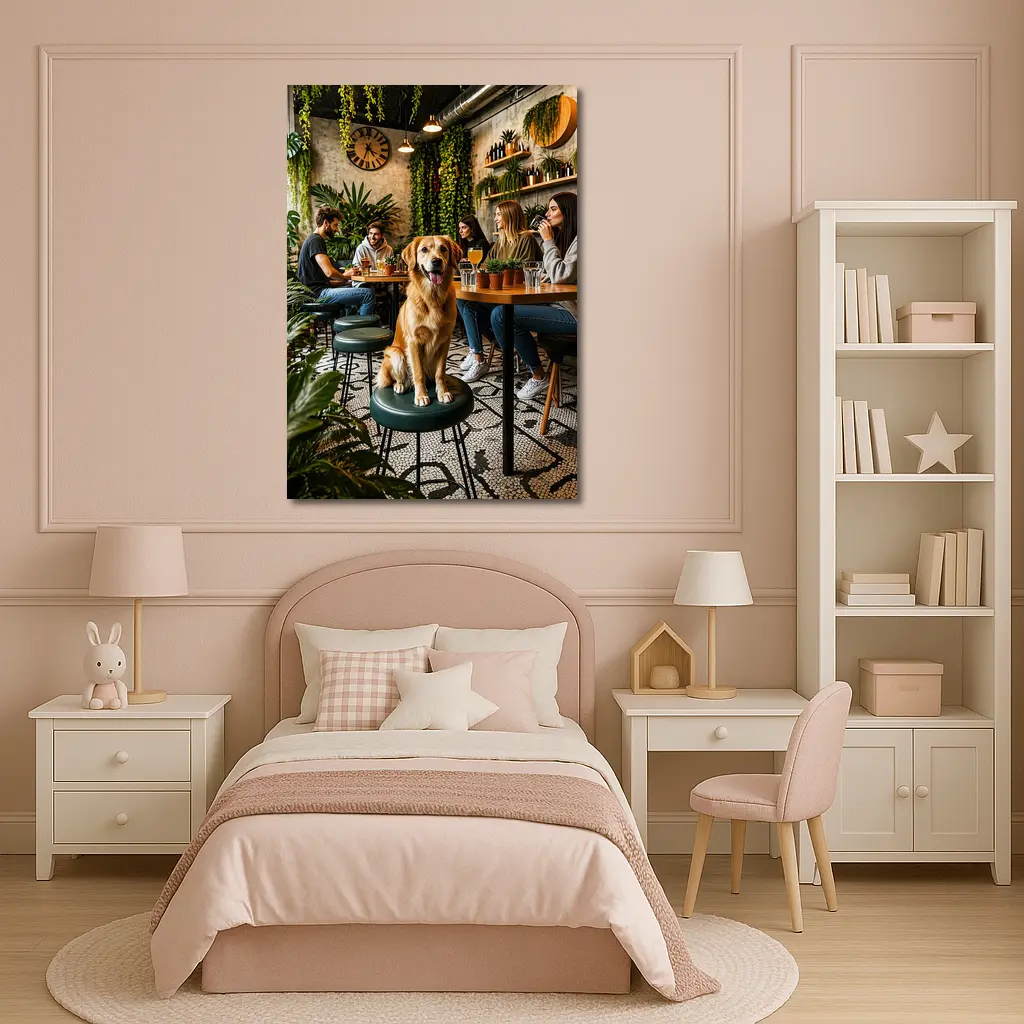 Golden Retriever Sitting in Cozy Cafe – Wall Art