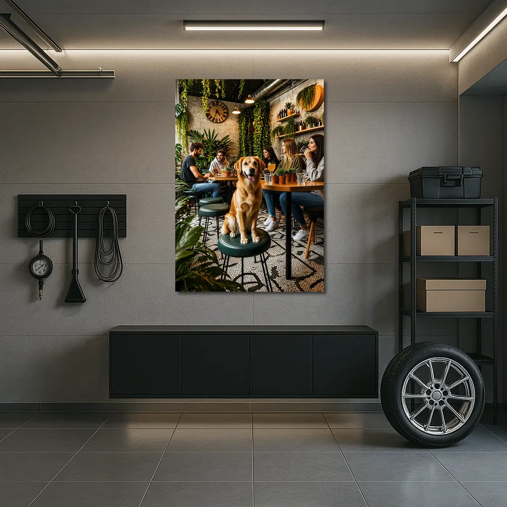 Golden Retriever Sitting in Cozy Cafe – Wall Art