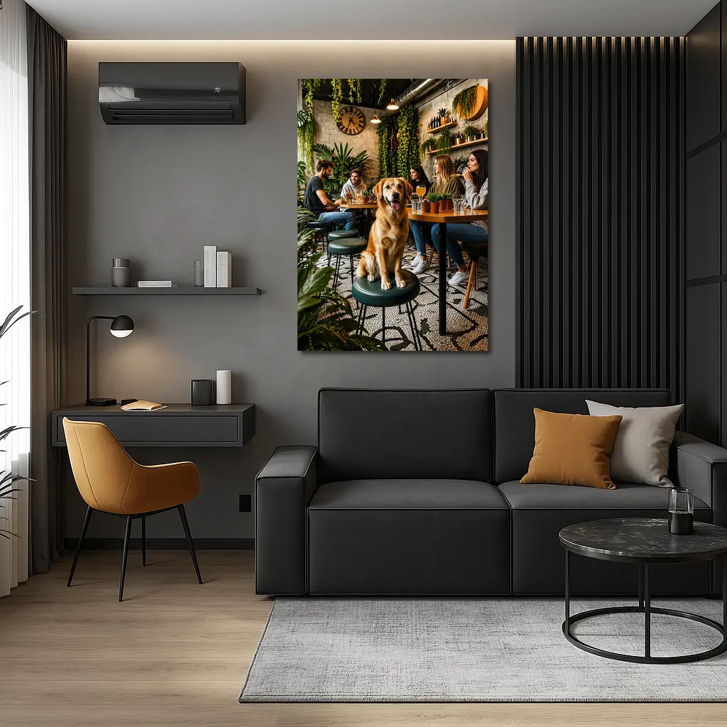 Golden Retriever Sitting in Cozy Cafe – Wall Art