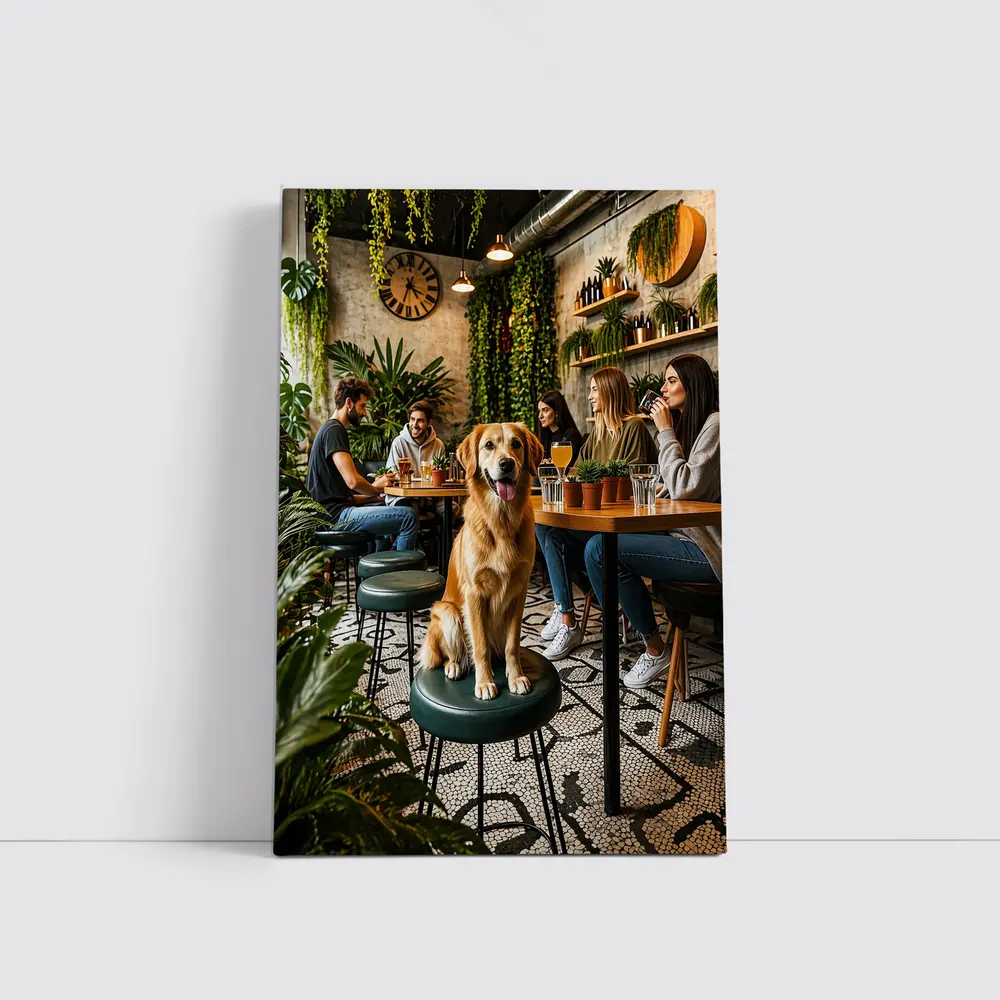 Golden Retriever Sitting in Cozy Cafe – Wall Art