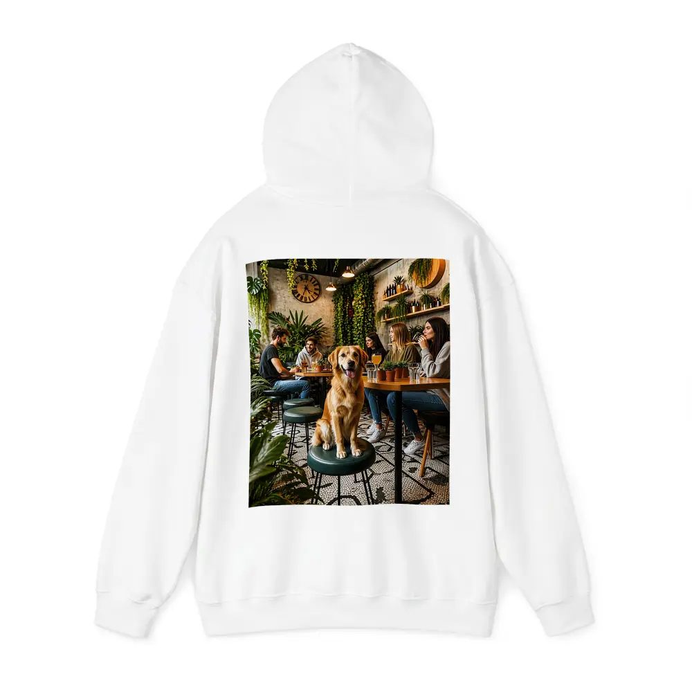 Golden Retriever Sitting in Cozy Cafe – Hoodies