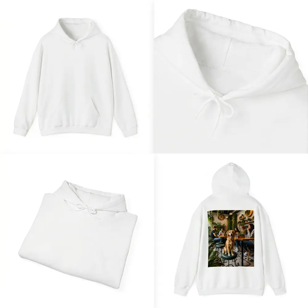 Golden Retriever Sitting in Cozy Cafe – Hoodies