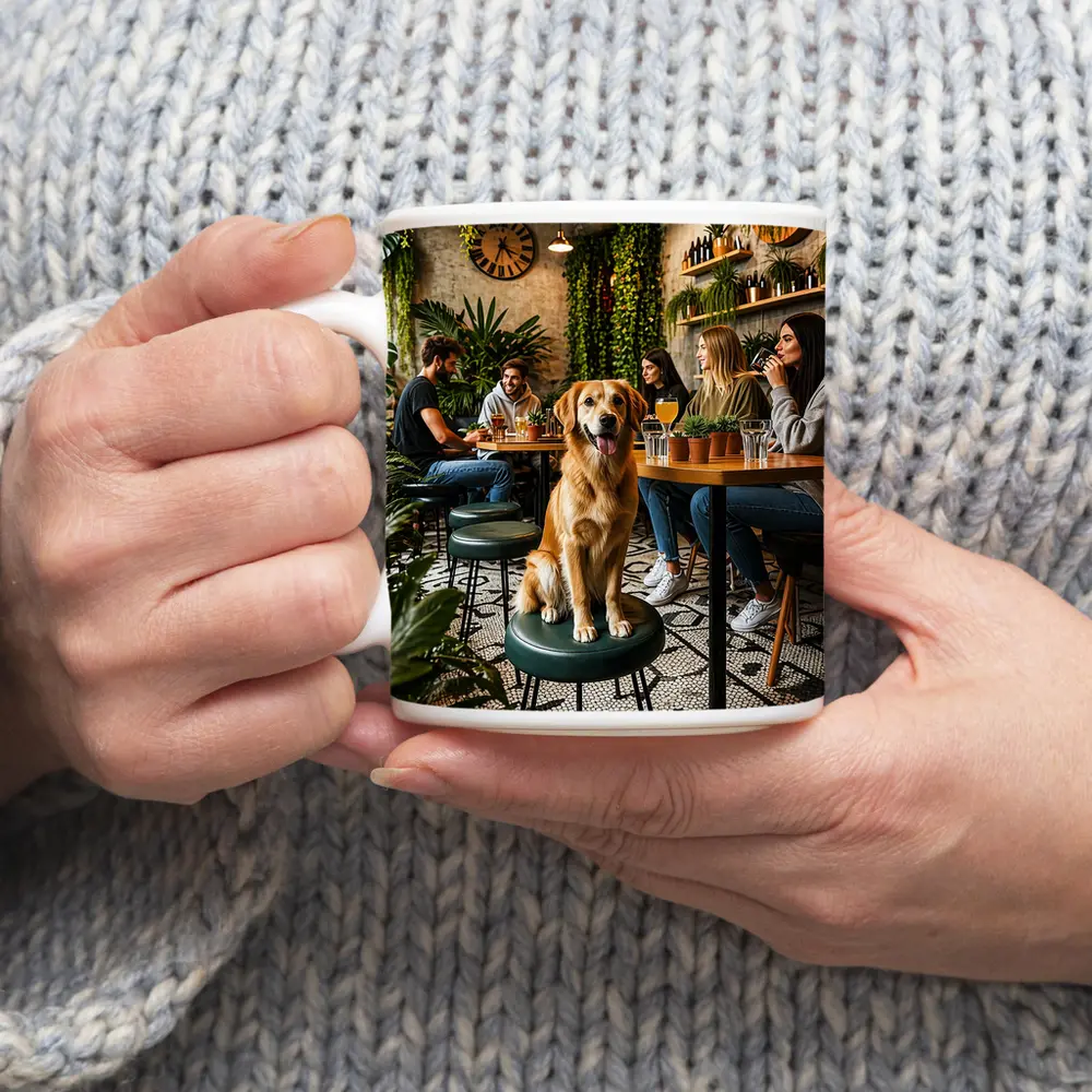 Golden Retriever Sitting in Cozy Cafe – Mugs