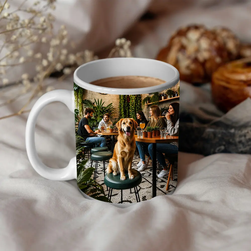 Golden Retriever Sitting in Cozy Cafe – Mugs