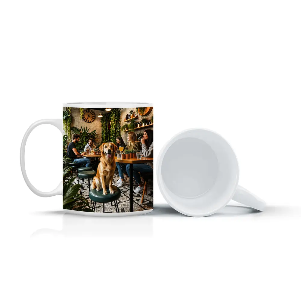 Golden Retriever Sitting in Cozy Cafe – Mugs