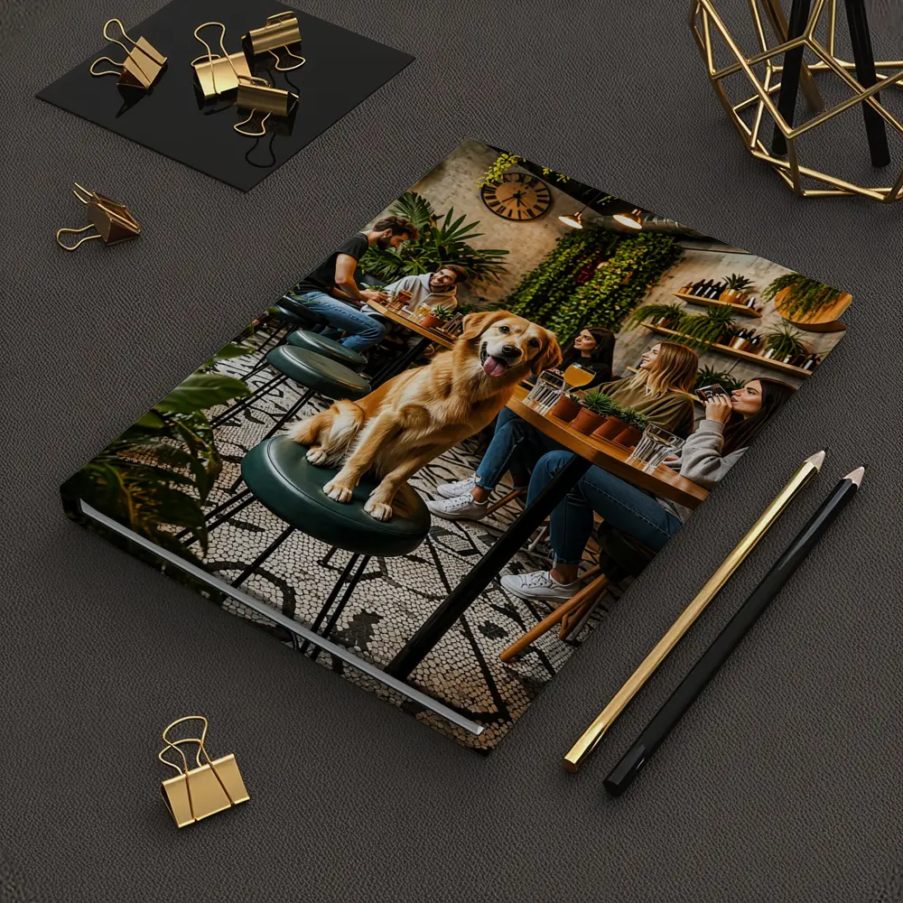 Golden Retriever Sitting in Cozy Cafe – Notebooks