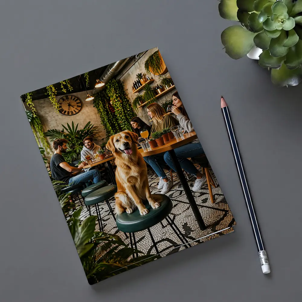 Golden Retriever Sitting in Cozy Cafe – Notebooks