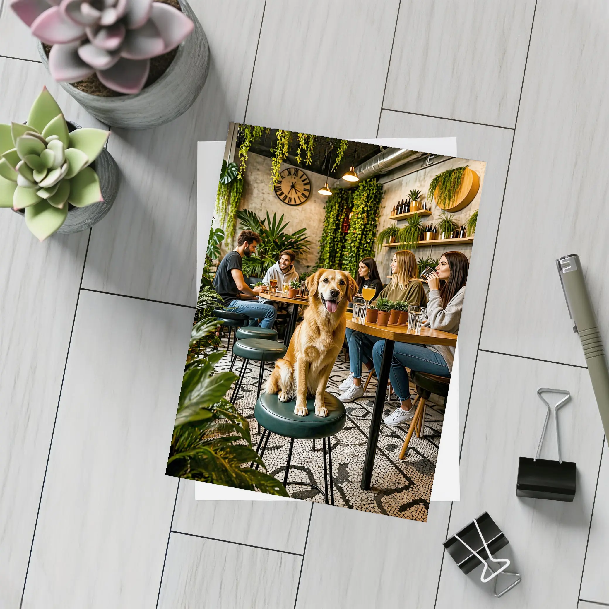 Golden Retriever Sitting in Cozy Cafe – Postcards