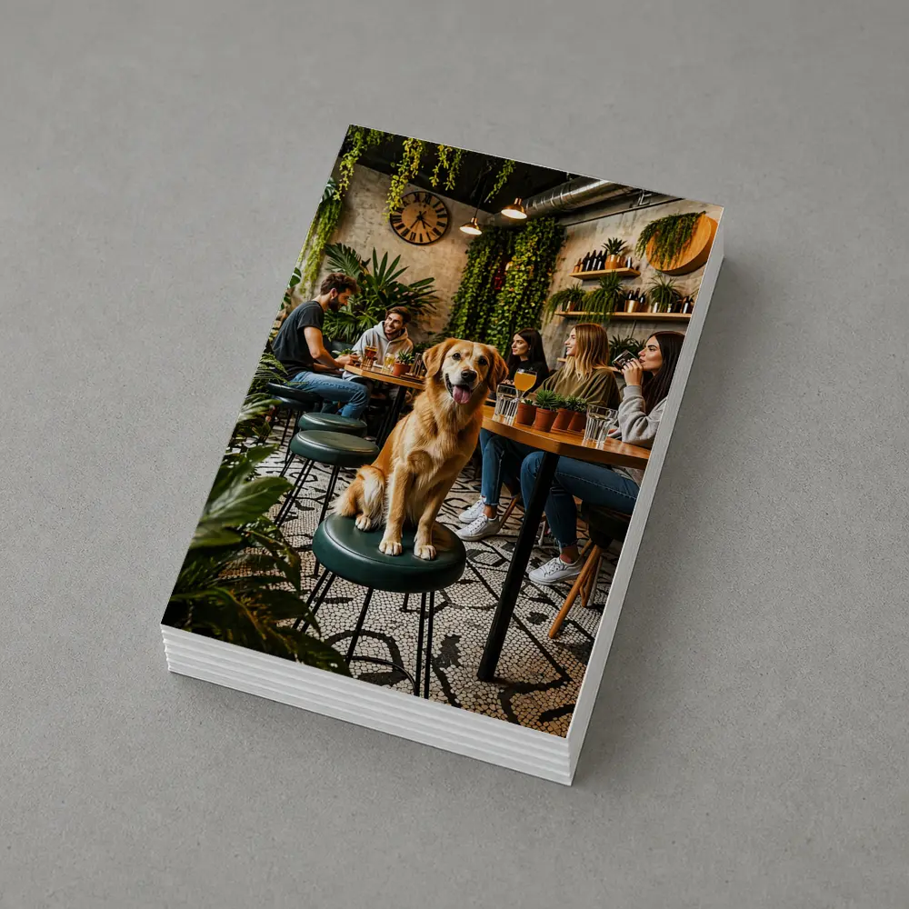 Golden Retriever Sitting in Cozy Cafe – Postcards