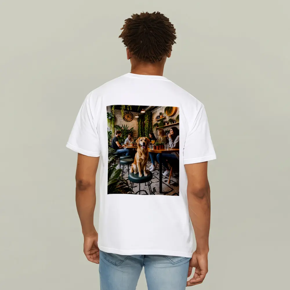 Golden Retriever Sitting in Cozy Cafe – T-Shirts