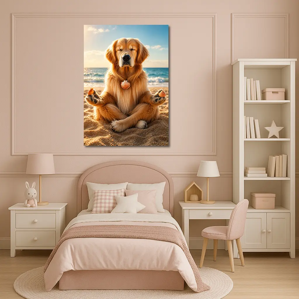Golden Retriever Meditating on Sunny Beach – Wall Art