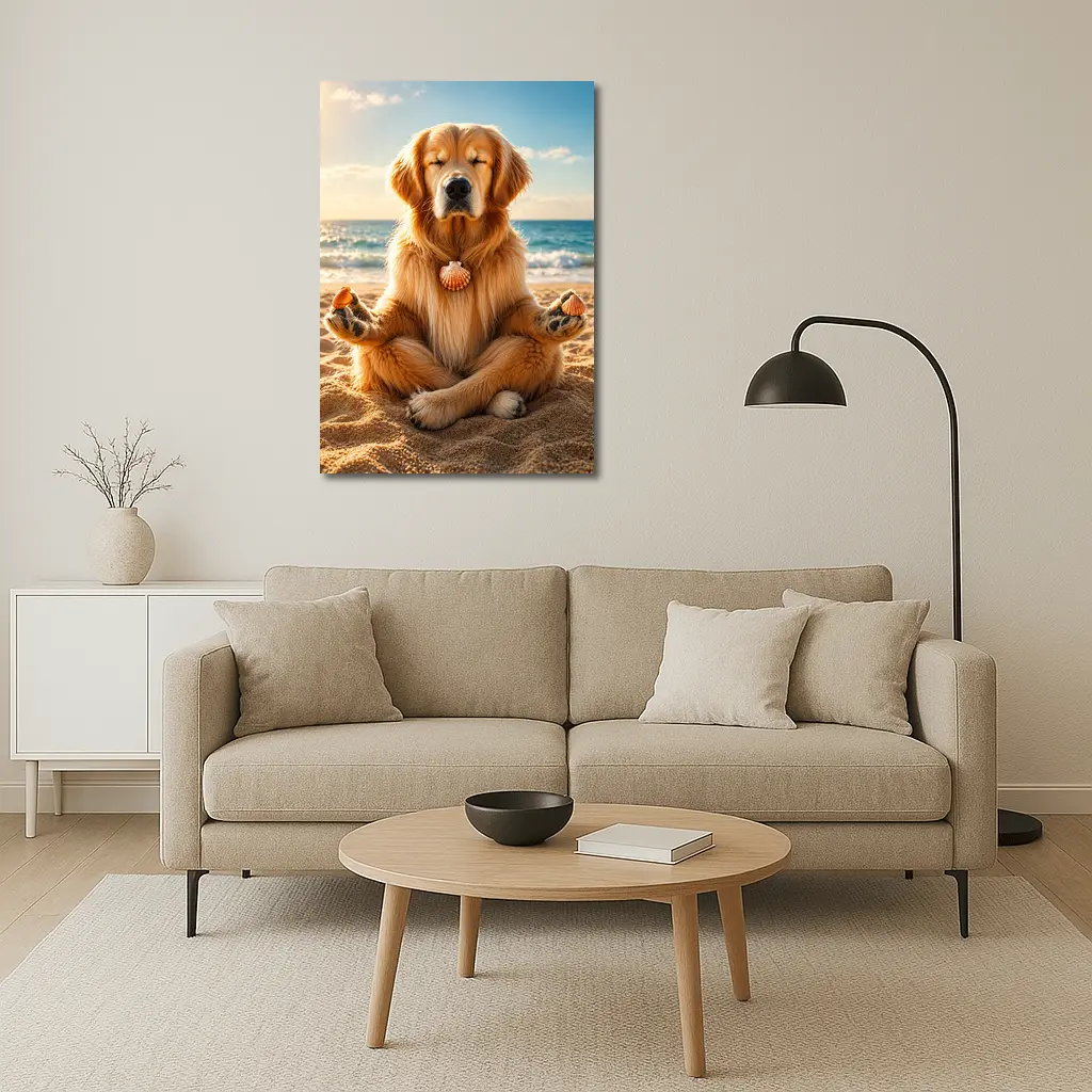 Golden Retriever Meditating on Sunny Beach – Wall Art