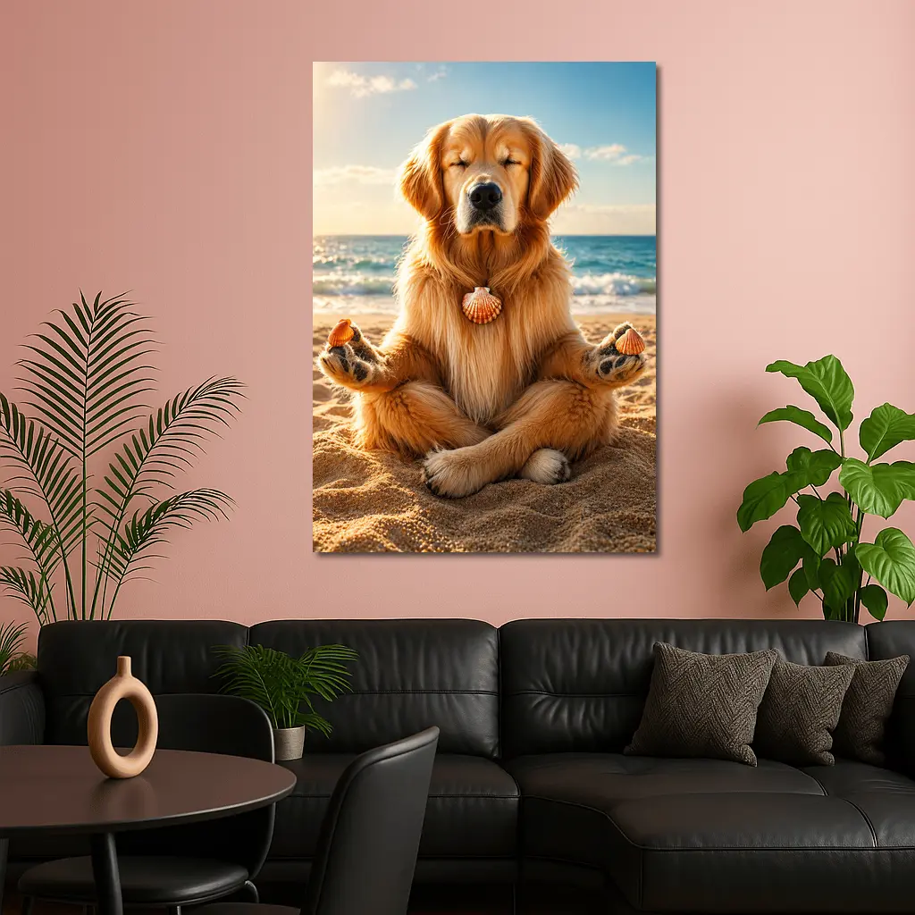 Golden Retriever Meditating on Sunny Beach – Wall Art