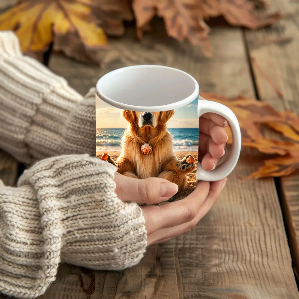 Golden Retriever Meditating on Sunny Beach – Mugs