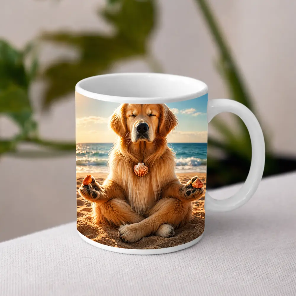 Golden Retriever Meditating on Sunny Beach – Mugs