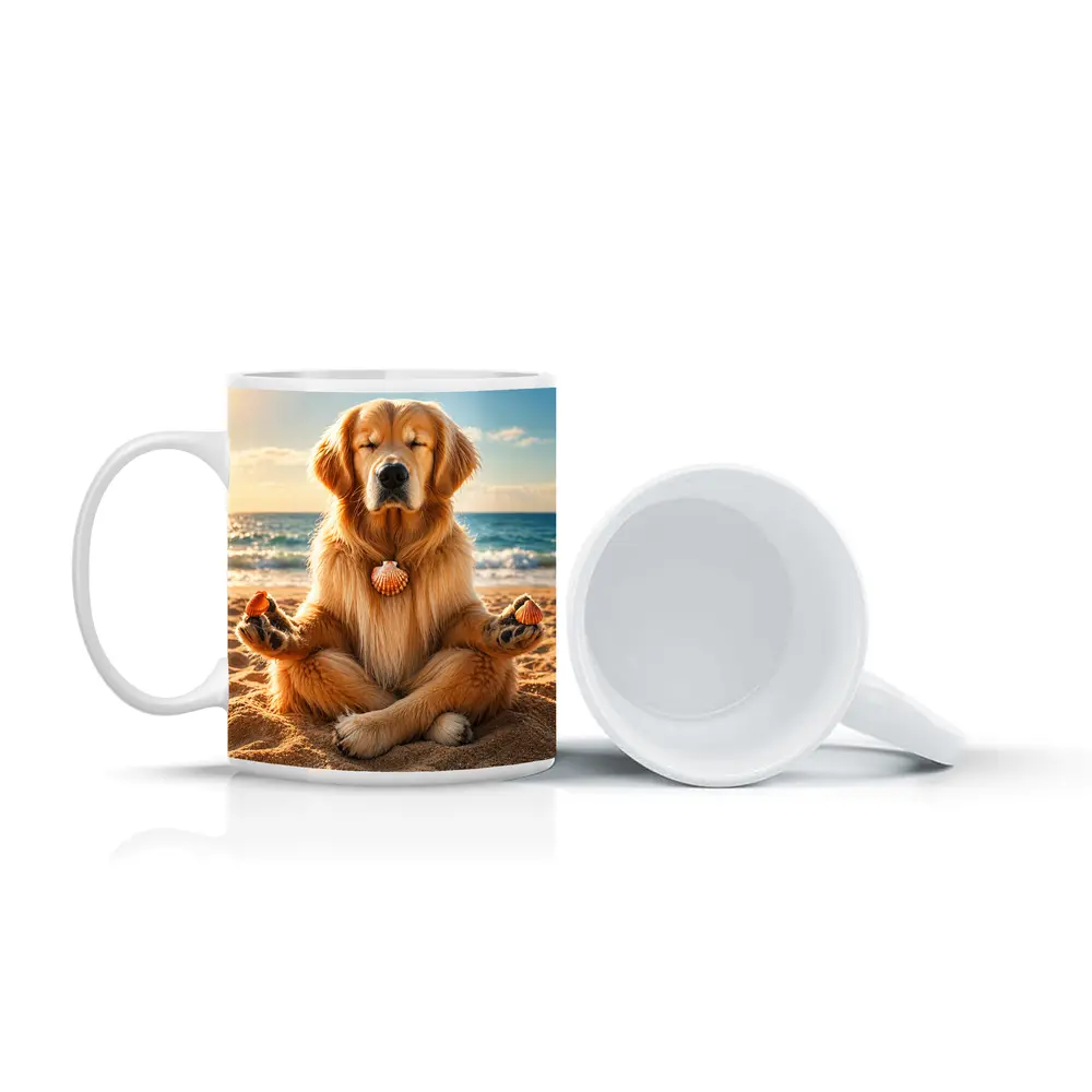 Golden Retriever Meditating on Sunny Beach – Mugs
