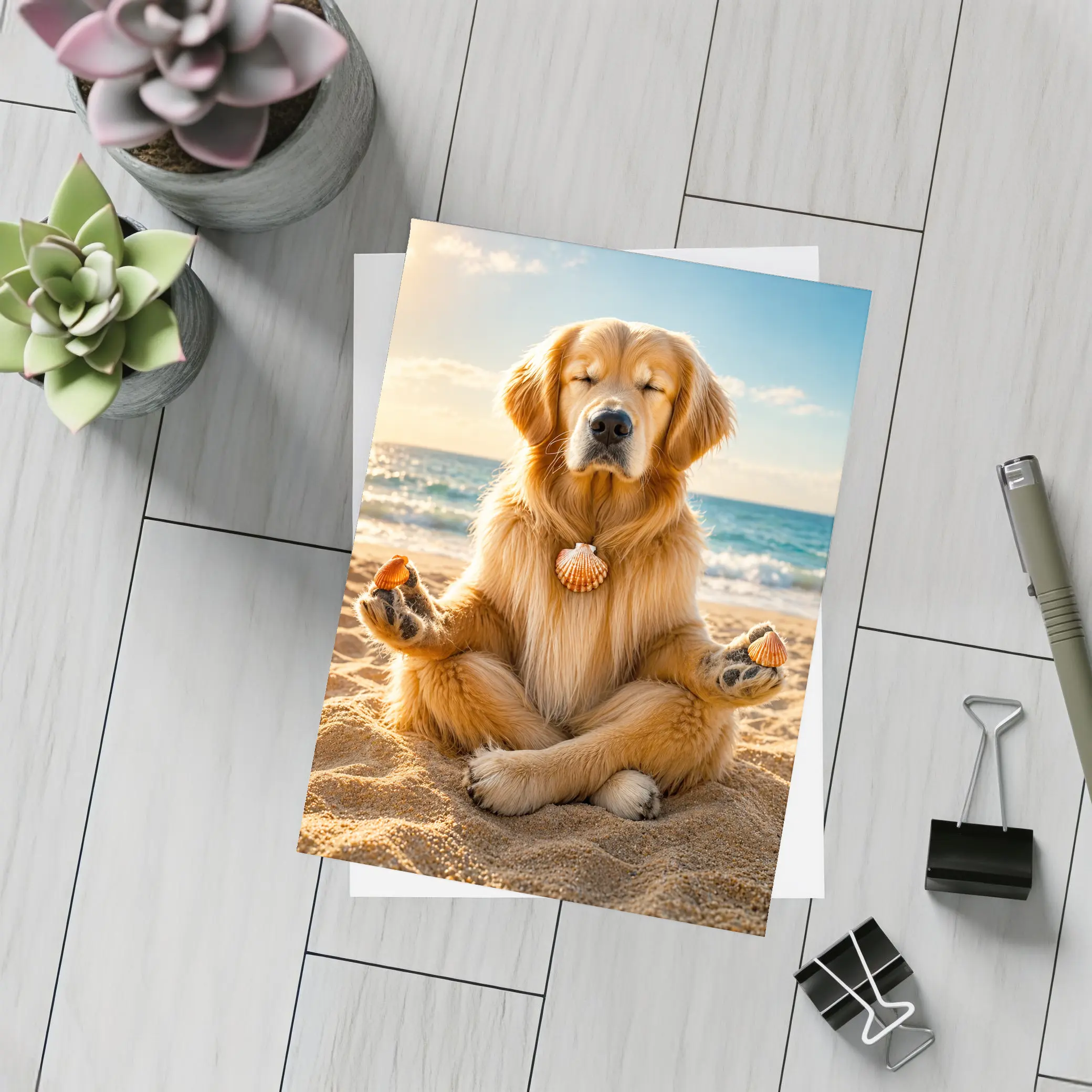 Golden Retriever Meditating on Sunny Beach – Postcards