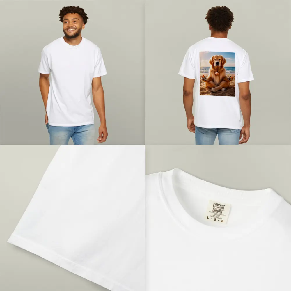 Golden Retriever Meditating on Sunny Beach – T-Shirts