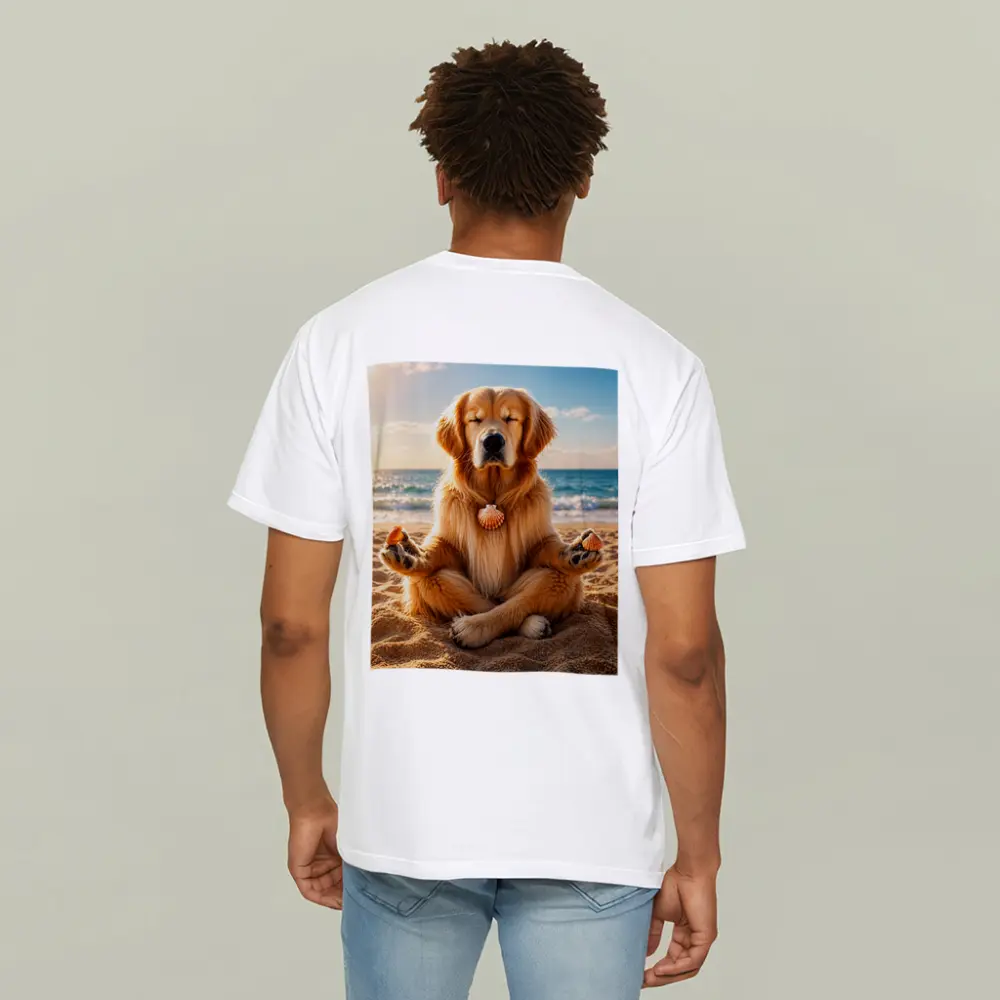 Golden Retriever Meditating on Sunny Beach – T-Shirts