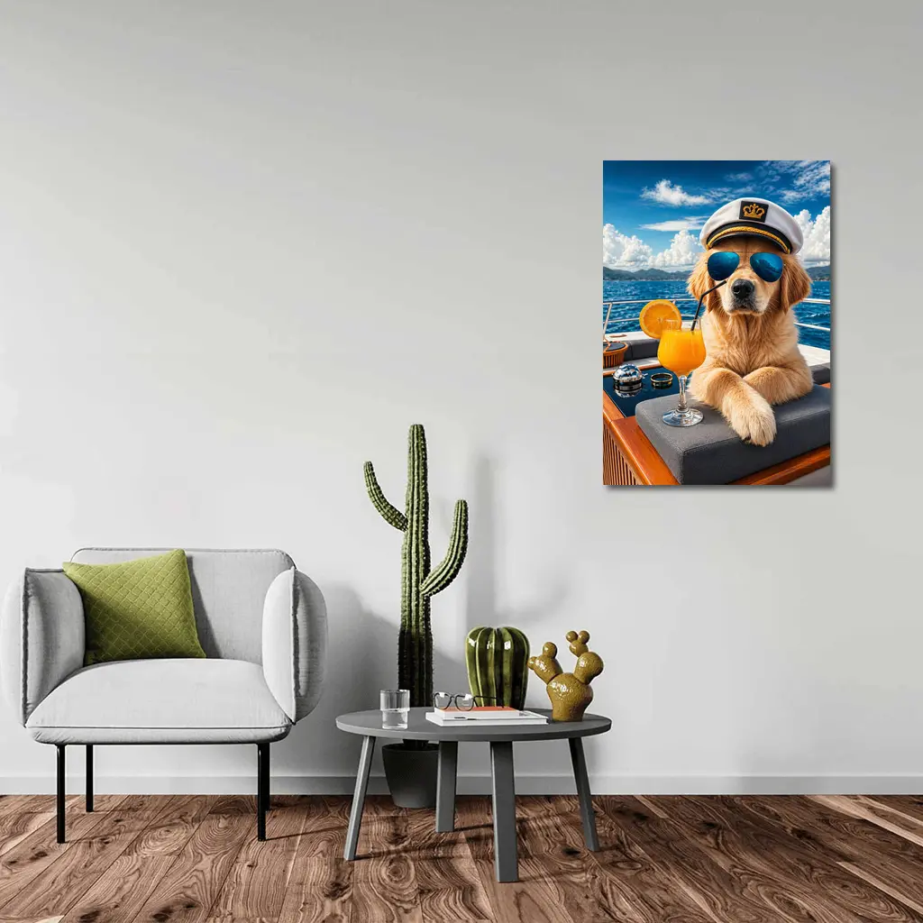Golden Retriever Captain Relaxing on Luxury Yacht – Wall Art