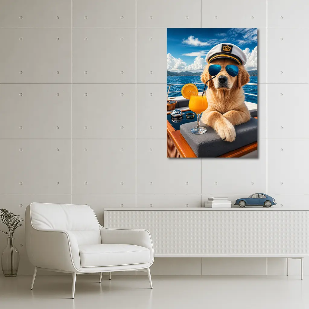 Golden Retriever Captain Relaxing on Luxury Yacht – Wall Art