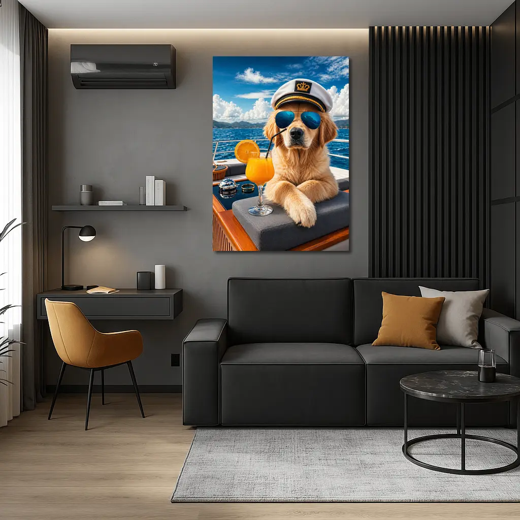 Golden Retriever Captain Relaxing on Luxury Yacht – Wall Art