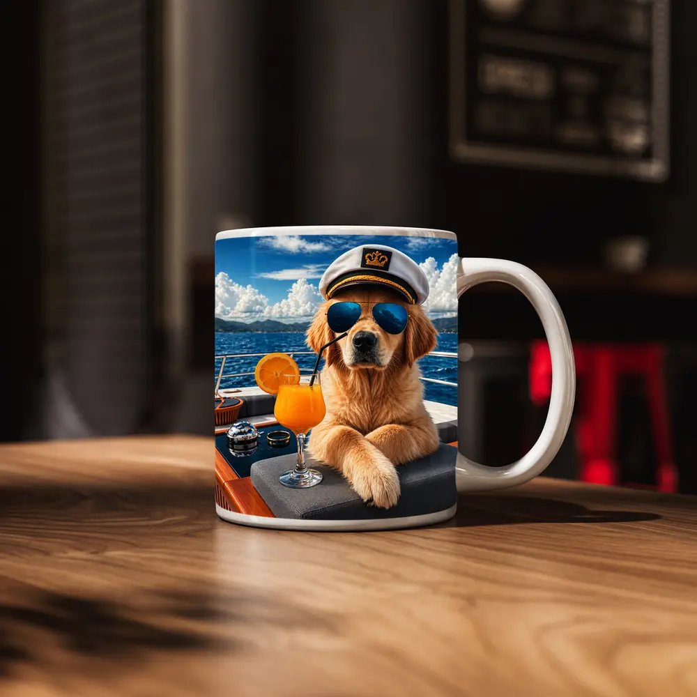Golden Retriever Captain Relaxing on Luxury Yacht – Mugs