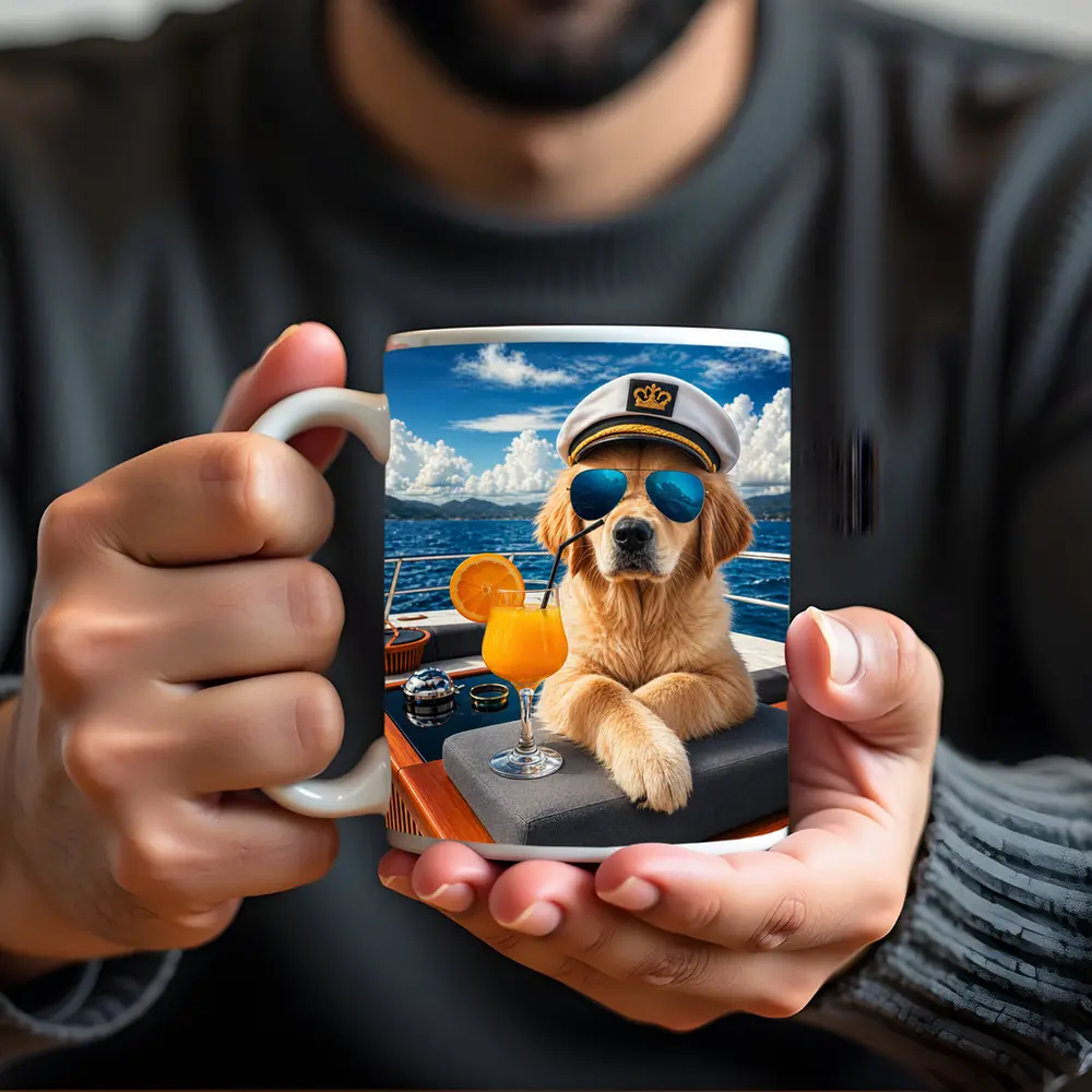 Golden Retriever Captain Relaxing on Luxury Yacht – Mugs