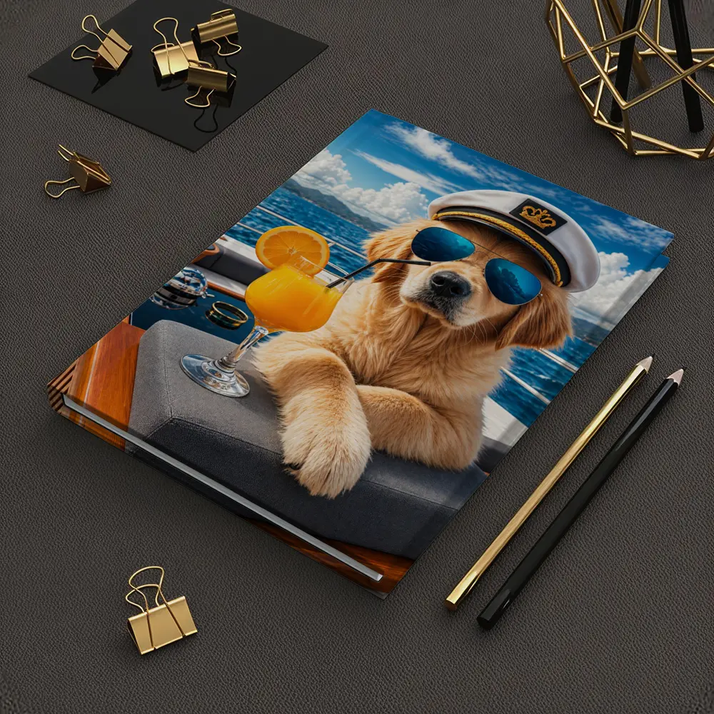 Golden Retriever Captain Relaxing on Luxury Yacht – Notebooks