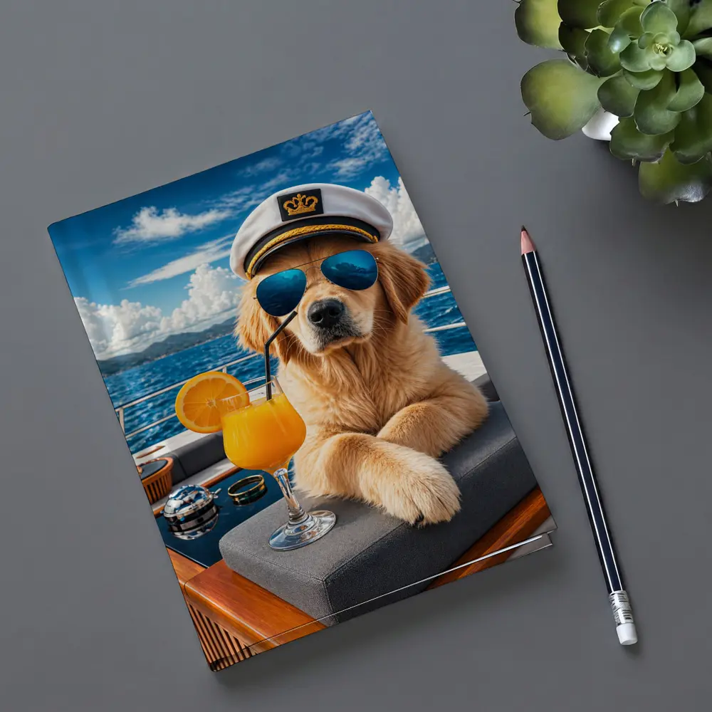Golden Retriever Captain Relaxing on Luxury Yacht – Notebooks