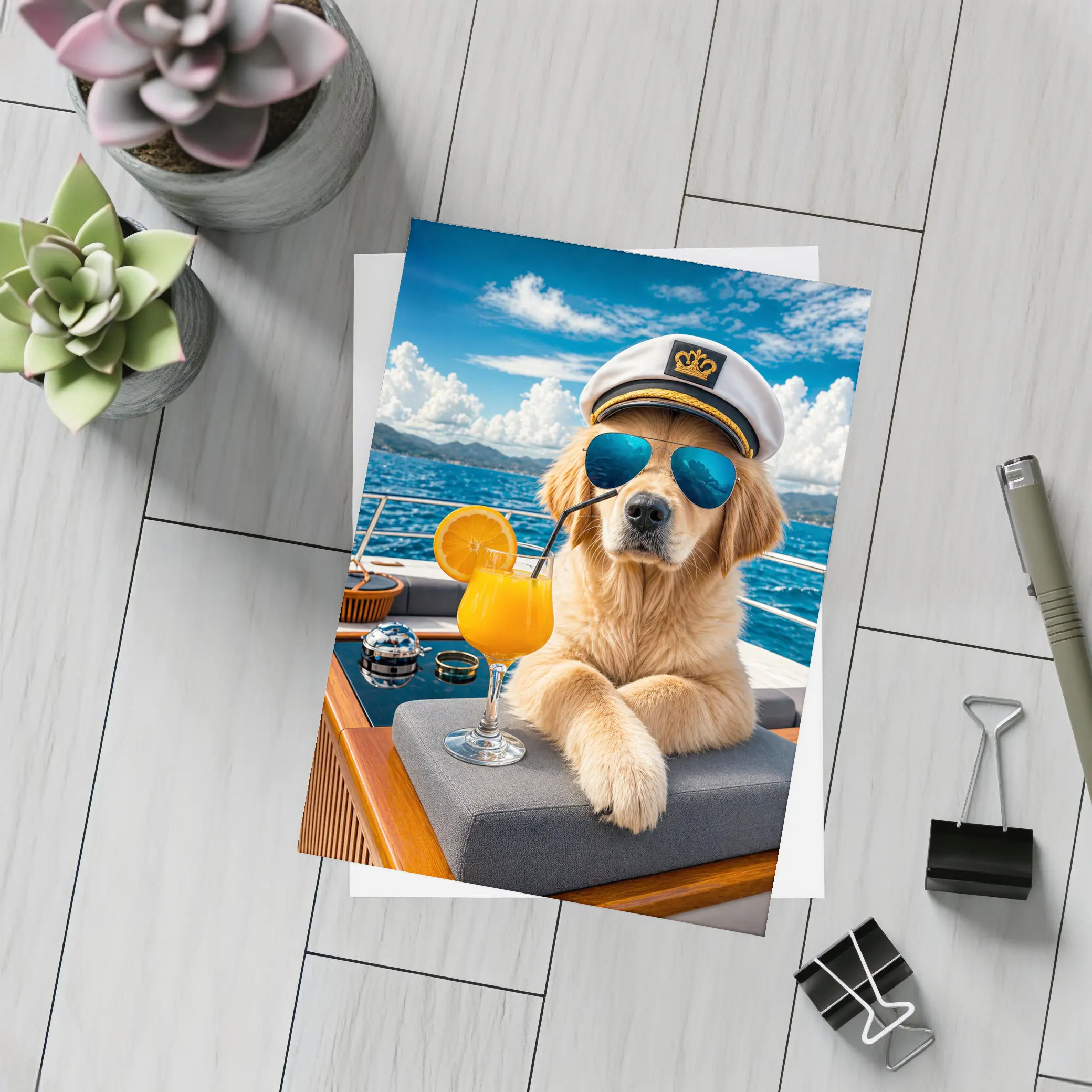 Golden Retriever Captain Relaxing on Luxury Yacht – Postcards