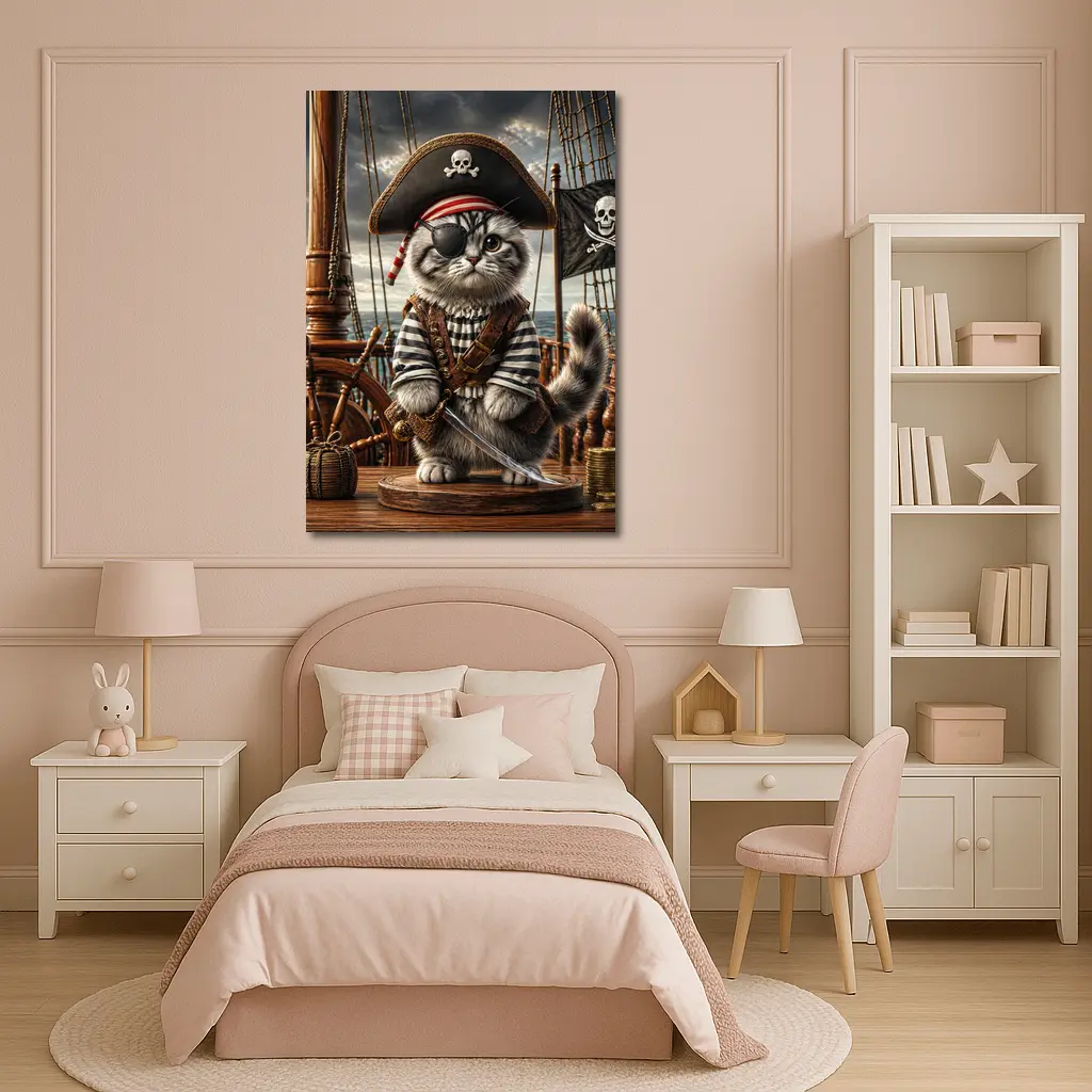 Fluffy Pirate Cat with Sword on Deck – Wall Art