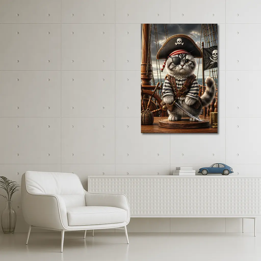 Fluffy Pirate Cat with Sword on Deck – Wall Art